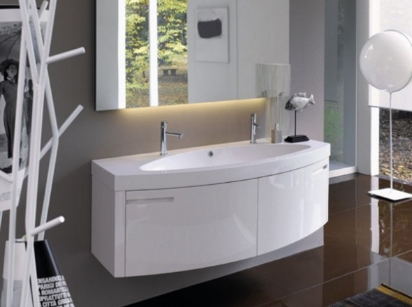 Photo of a large contemporary ensuite bathroom in New York with a vessel sink, freestanding cabinets, white cabinets, glass worktops, a freestanding bath, brown tiles, white walls and porcelain flooring.