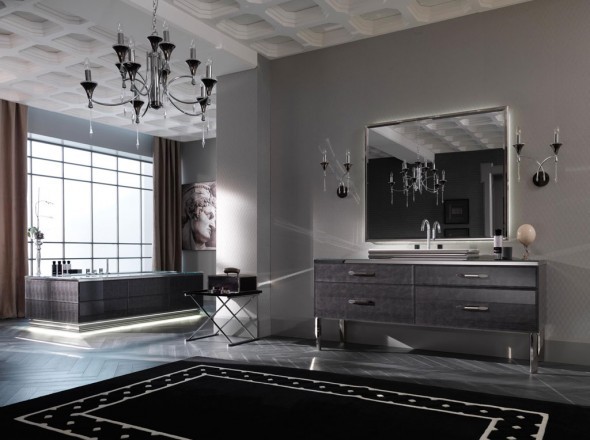 На фото: большая главная ванная комната в современном стиле с настольной раковиной, фасадами островного типа, серыми фасадами, стеклянной столешницей, отдельно стоящей ванной, серыми стенами и полом из керамогранита с