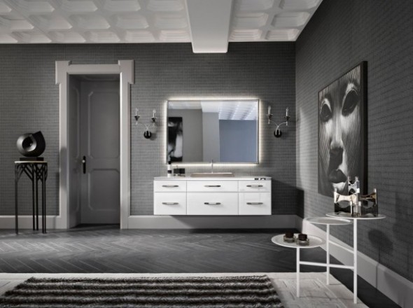 Idéer för stora funkis en-suite badrum, med ett fristående handfat, möbel-liknande, vita skåp, bänkskiva i glas, grå kakel, grå väggar och klinkergolv i porslin