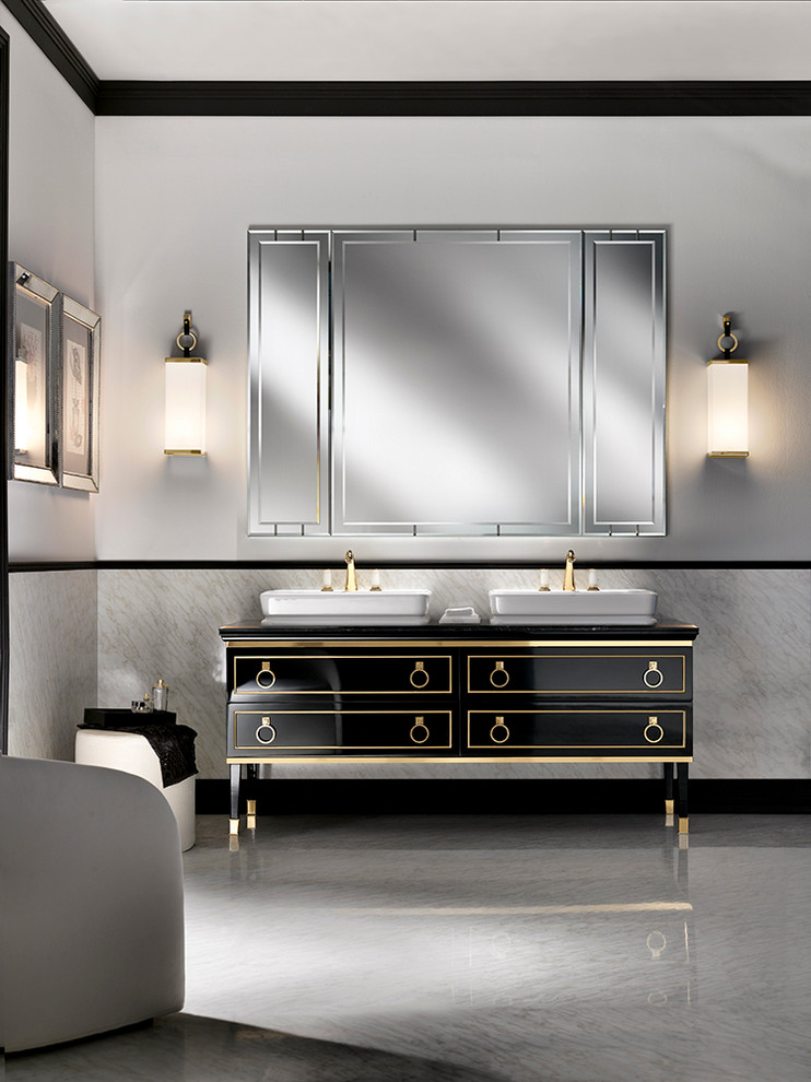 Example of a large trendy master porcelain tile bathroom design in New York with a vessel sink, furniture-like cabinets, black cabinets and marble countertops