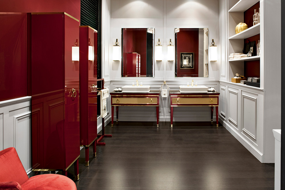 Bathroom - large contemporary master dark wood floor bathroom idea in New York with a vessel sink, furniture-like cabinets, red cabinets and marble countertops