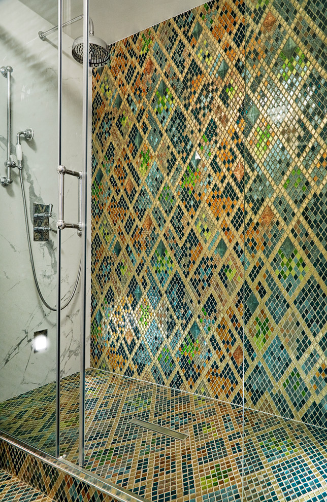 Eclectic bathroom in London with multi-coloured tiles, mosaic tiles, mosaic tile flooring and multi-coloured floors.