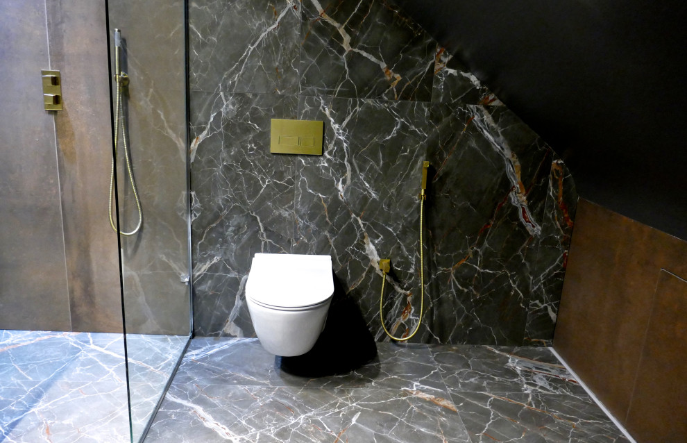 Esempio di una stanza da bagno minimalista con zona vasca/doccia separata, WC sospeso, piastrelle in gres porcellanato, pavimento in gres porcellanato e un lavabo