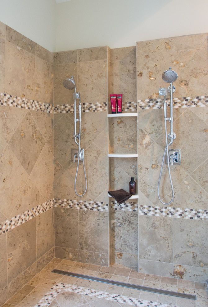 Contemporary ensuite bathroom in Cedar Rapids with a double shower, porcelain flooring, multi-coloured walls, multi-coloured tiles and porcelain tiles.