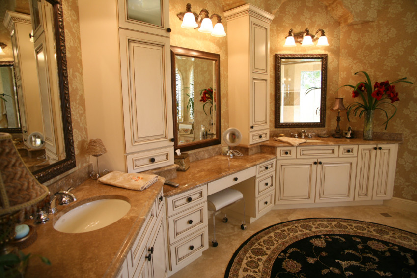 Large elegant master beige tile and ceramic tile ceramic tile bathroom photo in DC Metro with an undermount sink, raised-panel cabinets, granite countertops, brown walls and white cabinets