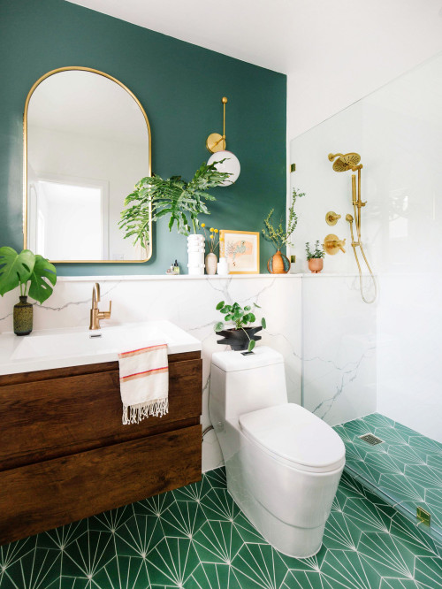Green Starburst Hexagon Tiles Take Center Stage in This Modern Bathroom Mirror Ideas Showcase