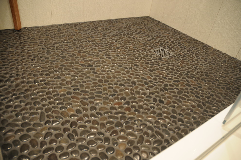 Bathroom - large modern master white tile and porcelain tile pebble tile floor bathroom idea in Toronto with white walls