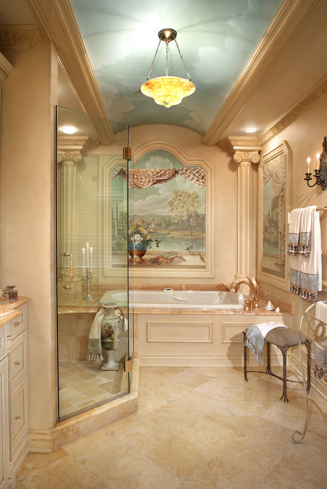 Design ideas for a mediterranean bathroom in New York with a built-in bath, an alcove shower and beige tiles.
