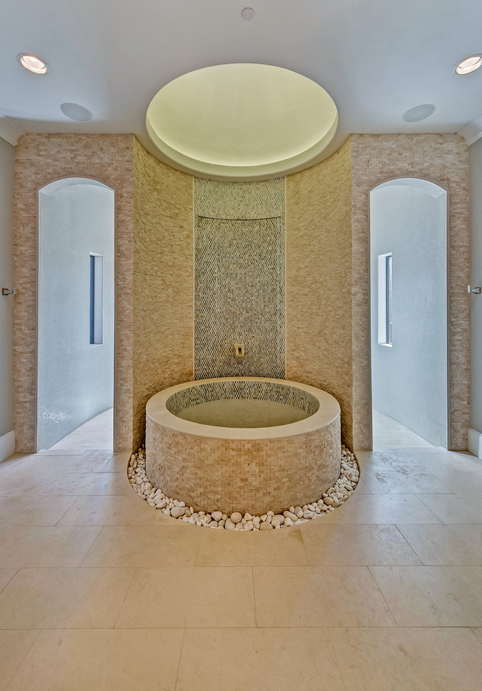 Идея дизайна: огромная главная ванная комната в стиле неоклассика (современная классика) с фасадами в стиле шейкер, фасадами цвета дерева среднего тона, японской ванной, двойным душем, унитазом-моноблоком, бежевой плиткой, плиткой мозаикой, серыми стенами, полом из известняка, накладной раковиной, столешницей из кварцита, бежевым полом и открытым душем