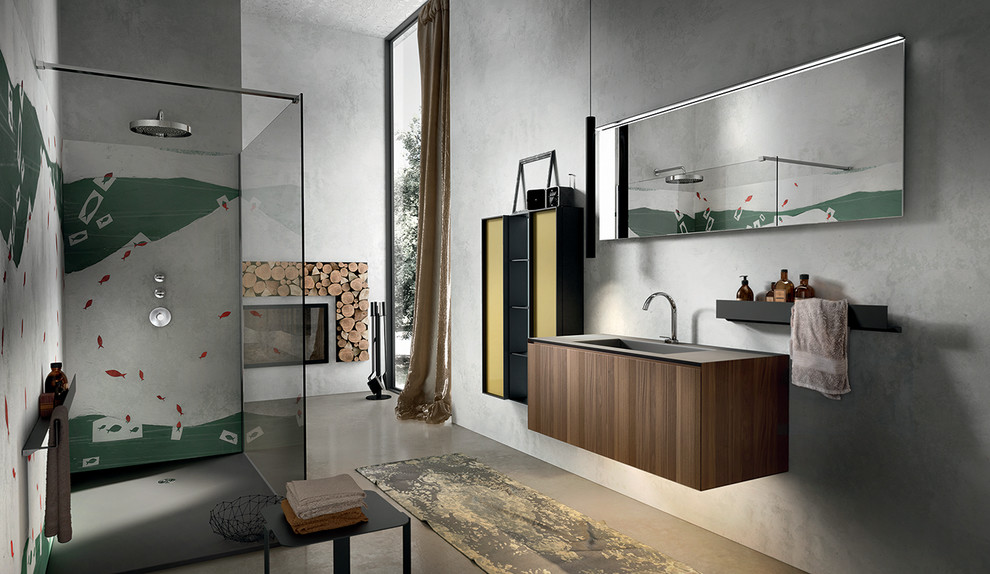 Imagen de cuarto de baño principal moderno grande con lavabo integrado, armarios tipo mueble, puertas de armario de madera oscura, encimera de acrílico, ducha esquinera y suelo de cemento