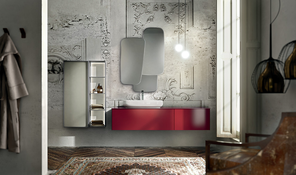 Aménagement d'une grande salle de bain principale moderne avec une vasque, un placard en trompe-l'oeil, des portes de placard rouges, un plan de toilette en surface solide, une douche d'angle et sol en béton ciré.