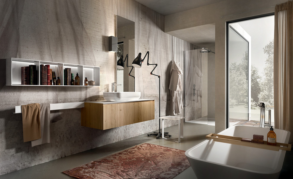 Inspiration pour une grande salle de bain principale minimaliste en bois brun avec un lavabo intégré, un placard en trompe-l'oeil, un plan de toilette en surface solide, une baignoire indépendante, une douche d'angle et sol en béton ciré.