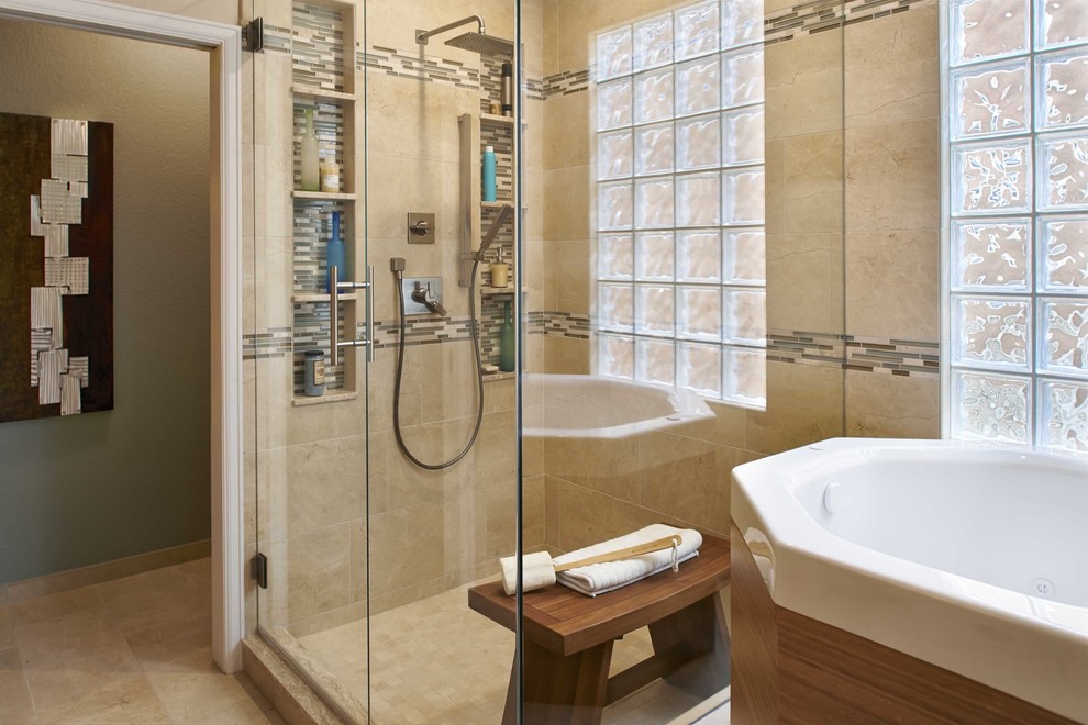 Bathroom - large contemporary master beige tile and porcelain tile porcelain tile bathroom idea in Denver with flat-panel cabinets, medium tone wood cabinets, a two-piece toilet, gray walls, an undermount sink and limestone countertops