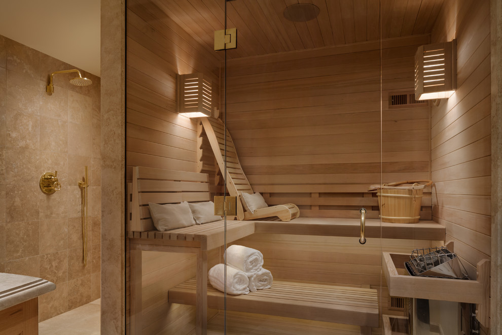 Photo of a medium sized contemporary sauna bathroom in San Francisco with shaker cabinets, medium wood cabinets, an alcove shower, a two-piece toilet, beige tiles, limestone tiles, brown walls, light hardwood flooring, a submerged sink, engineered stone worktops, beige floors and an open shower.