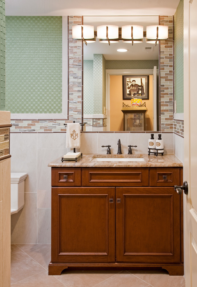 Example of a mid-sized classic 3/4 multicolored tile ceramic tile bathroom design in Philadelphia with medium tone wood cabinets, green walls, an undermount sink and shaker cabinets