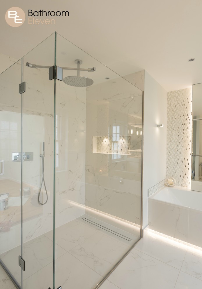 Luxury White Master Bathroom in Esher with Large Walk-In Shower ...