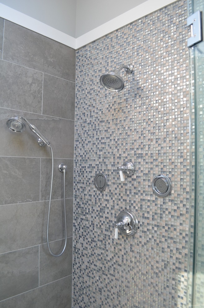Mid-sized transitional master beige tile, gray tile, white tile and mosaic tile ceramic tile corner shower photo in Other with recessed-panel cabinets, gray cabinets, gray walls, an undermount sink and marble countertops