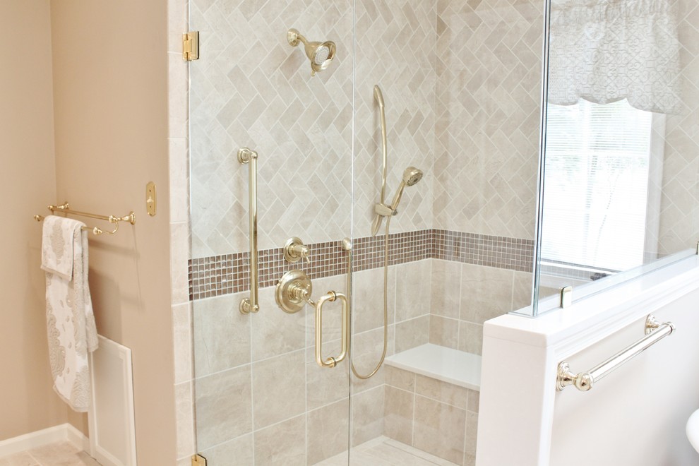 Example of a large classic master beige tile and porcelain tile porcelain tile bathroom design in Philadelphia with an undermount sink, medium tone wood cabinets, quartz countertops, a two-piece toilet and beige walls