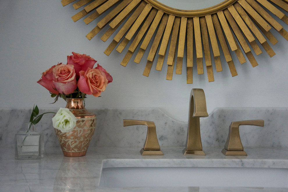 Example of a transitional master blue tile marble floor bathroom design in Toronto with an undermount sink, recessed-panel cabinets, gray cabinets, marble countertops, a one-piece toilet and white walls