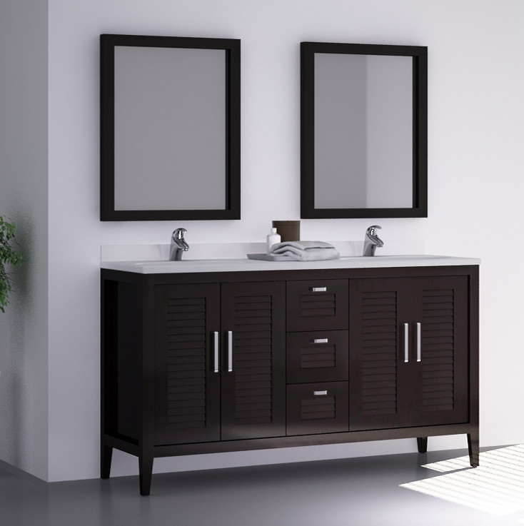 Esempio di una piccola stanza da bagno padronale minimal con lavabo sottopiano, ante lisce, ante in legno bruno e top in quarzite