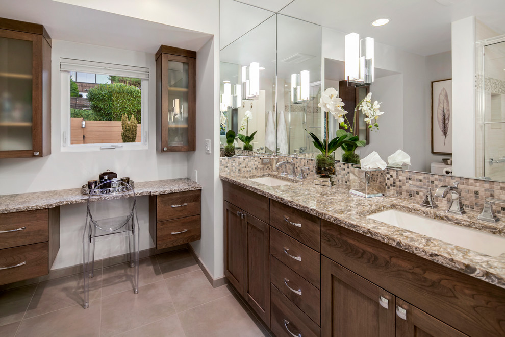 Example of a mid-sized transitional master beige tile porcelain tile and beige floor alcove shower design in Phoenix with shaker cabinets, medium tone wood cabinets, beige walls, an undermount sink and quartz countertops