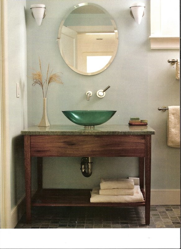 Mahogany vanity with green vessel sink Modern Bathroom Boston