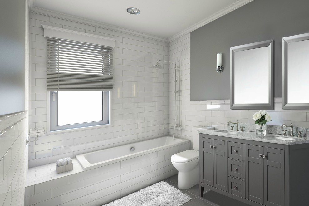 Ejemplo de cuarto de baño principal minimalista con armarios tipo mueble, puertas de armario grises, encimera de mármol y encimeras blancas