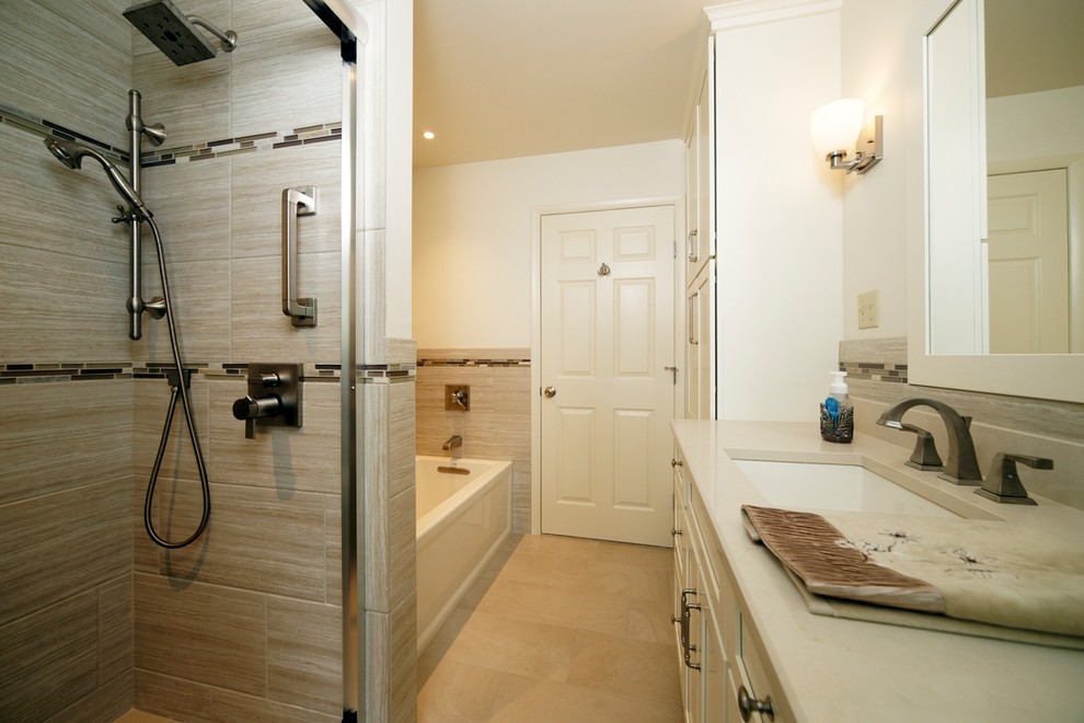 Photo of a medium sized traditional bathroom in Philadelphia with shaker cabinets, an alcove bath, an alcove shower, a two-piece toilet, grey tiles, porcelain tiles, porcelain flooring, a submerged sink, engineered stone worktops, a sliding door and beige worktops.