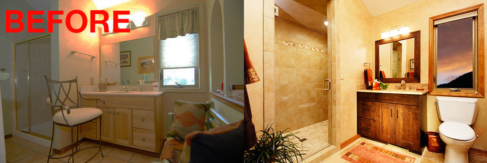 Ispirazione per una stanza da bagno tradizionale con top in granito, doccia doppia e pavimento in travertino