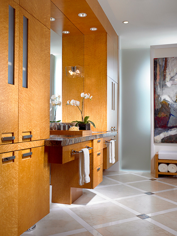 Bathroom - large contemporary master marble floor bathroom idea in Miami with flat-panel cabinets, medium tone wood cabinets, an undermount sink, marble countertops and multicolored countertops