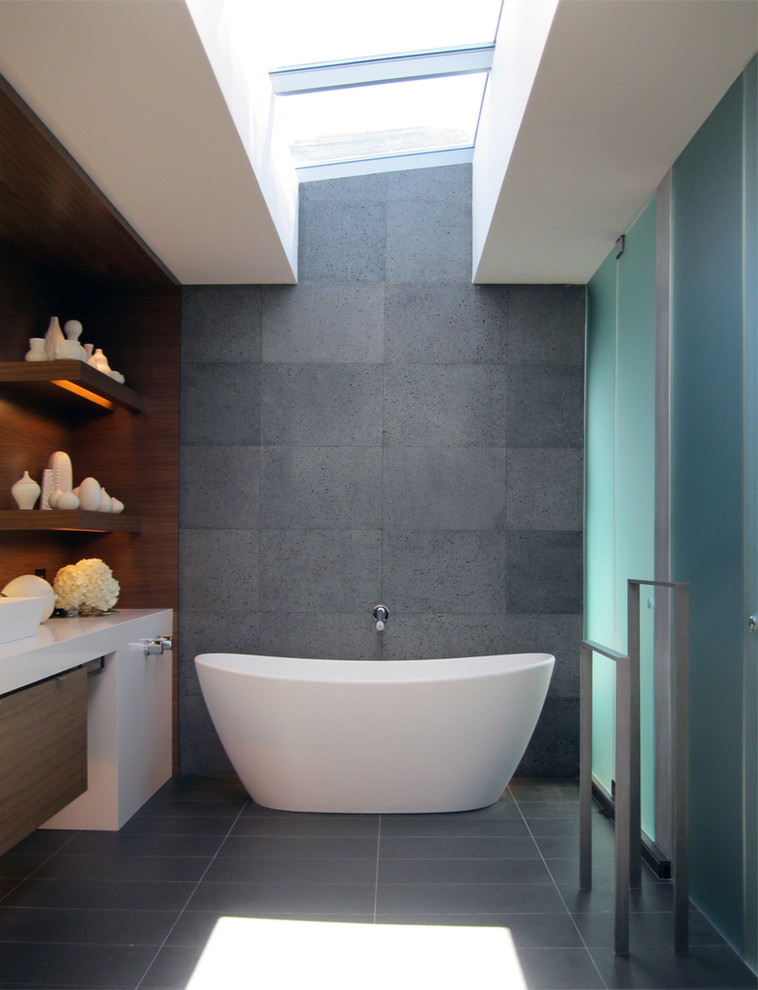Example of a trendy freestanding bathtub design in San Francisco