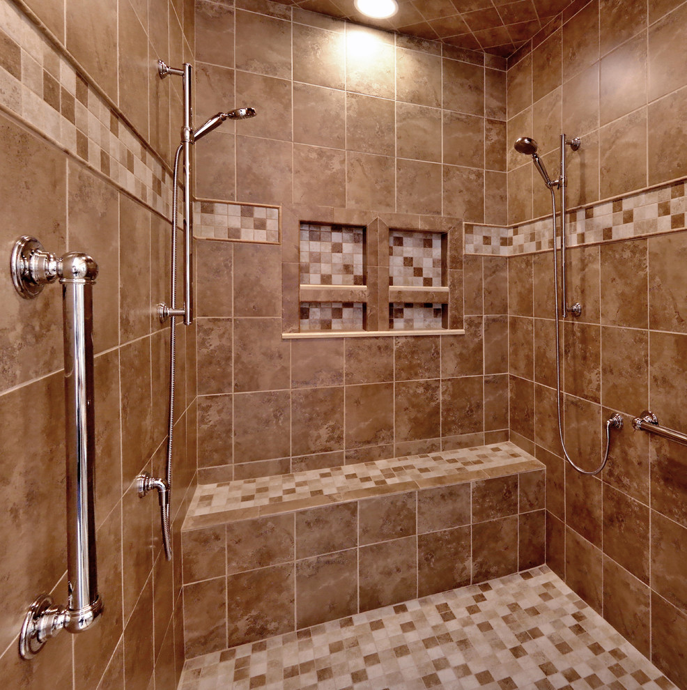 Huge elegant master beige tile and ceramic tile ceramic tile and beige floor double shower photo in Richmond with beige walls and a hinged shower door