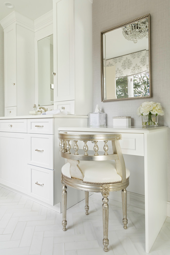 Inspiration for a medium sized traditional ensuite bathroom in New York with white walls, white floors, recessed-panel cabinets, white cabinets, a double shower, a two-piece toilet, white tiles, a submerged sink and a hinged door.