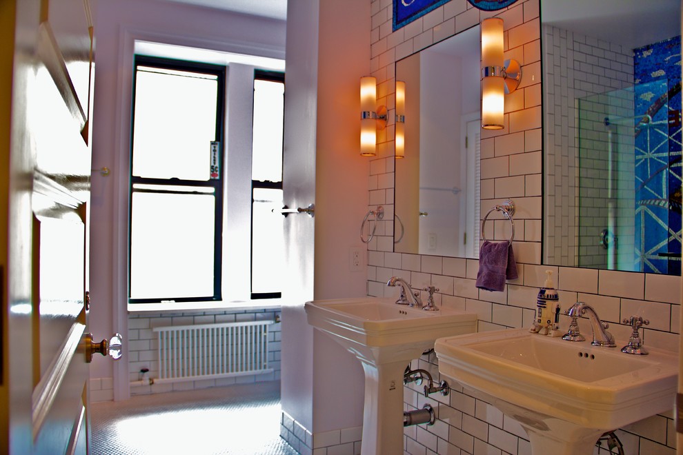 Bathroom - mid-sized traditional kids' white tile and subway tile ceramic tile bathroom idea in New York with a pedestal sink, multicolored walls and a wall-mount toilet