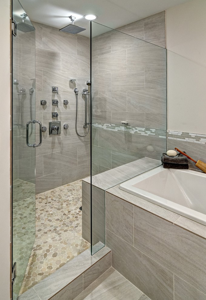 Large transitional master gray tile and ceramic tile pebble tile floor bathroom photo in Minneapolis with an undermount sink, flat-panel cabinets, quartz countertops, a two-piece toilet and white walls