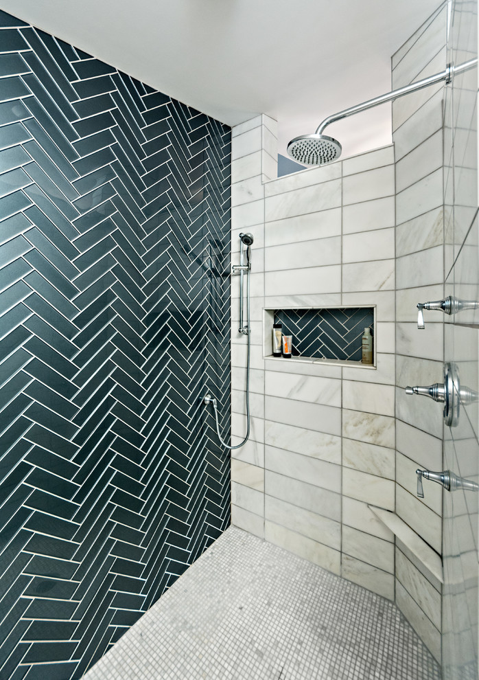 Corner shower - huge transitional master white tile and marble tile marble floor corner shower idea in Minneapolis with recessed-panel cabinets, dark wood cabinets, a two-piece toilet, blue walls, an undermount sink and marble countertops
