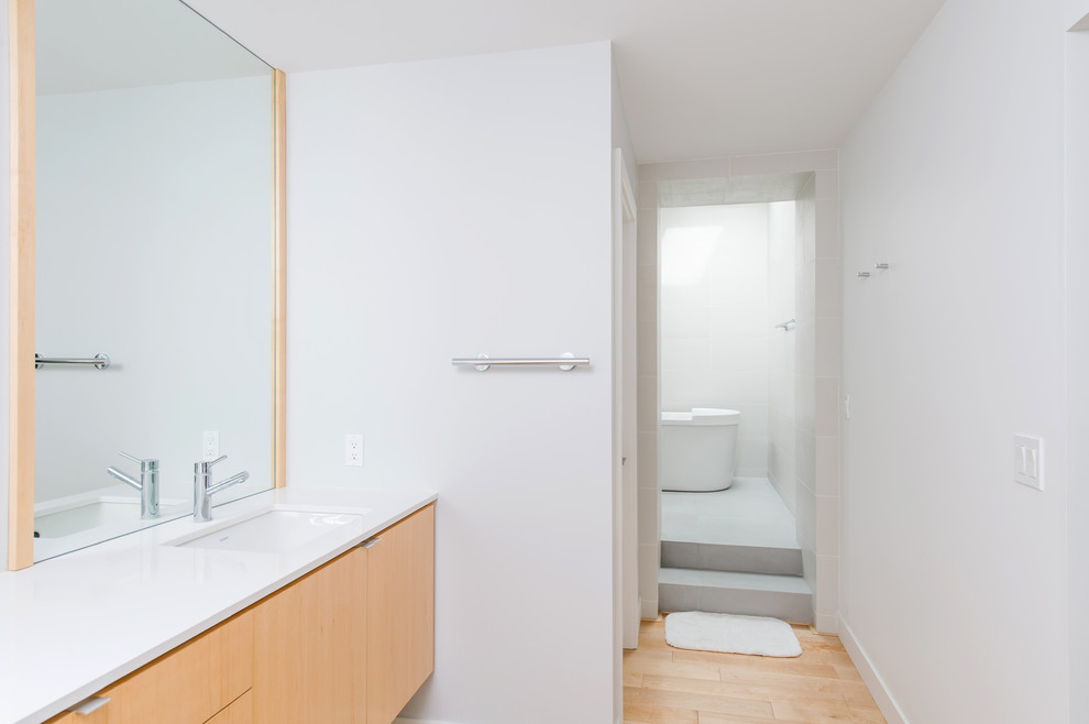 maple + quartz custom master bath vanity + wet room entry - Modern ...