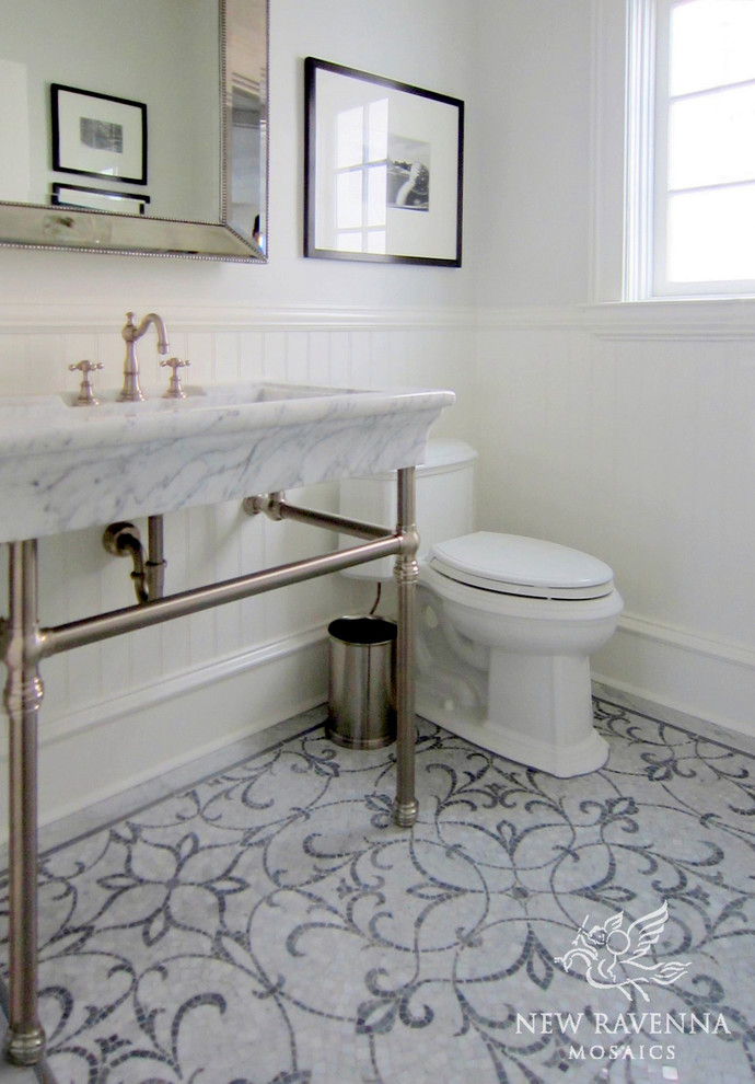Trendy gray tile marble floor bathroom photo in Other