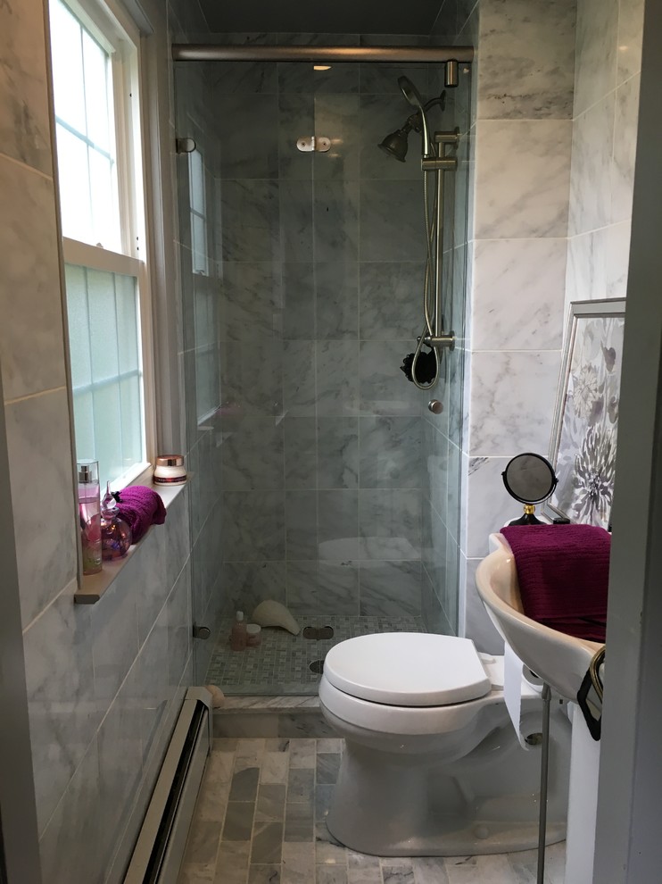 Inspiration for a small timeless 3/4 white tile and stone tile marble floor alcove shower remodel in Philadelphia with a two-piece toilet and a pedestal sink