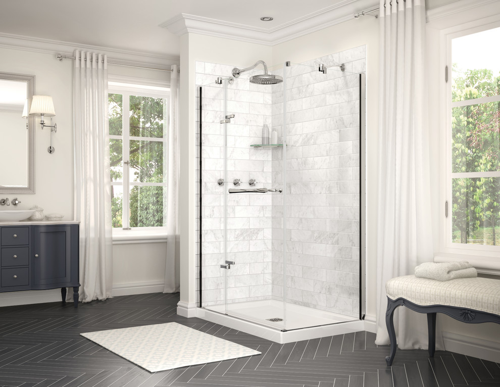 Corner shower - traditional white tile corner shower idea in Montreal with white walls