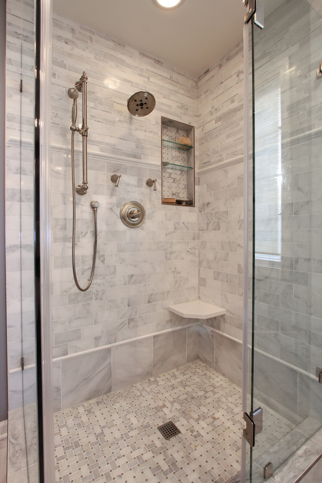 Inspiration for a large timeless master white tile and matchstick tile marble floor and white floor bathroom remodel in Chicago with a drop-in sink, dark wood cabinets, gray walls, shaker cabinets, quartz countertops and a hinged shower door
