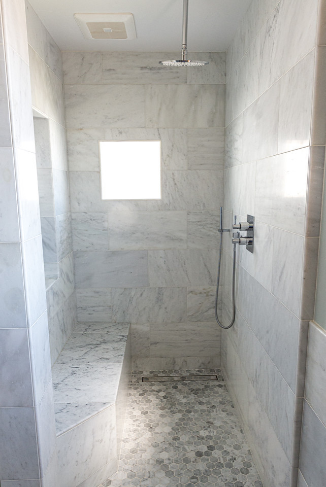 Example of a mid-sized transitional master white tile and marble tile marble floor and white floor bathroom design in San Francisco with furniture-like cabinets, gray cabinets, a two-piece toilet, blue walls, marble countertops and white countertops