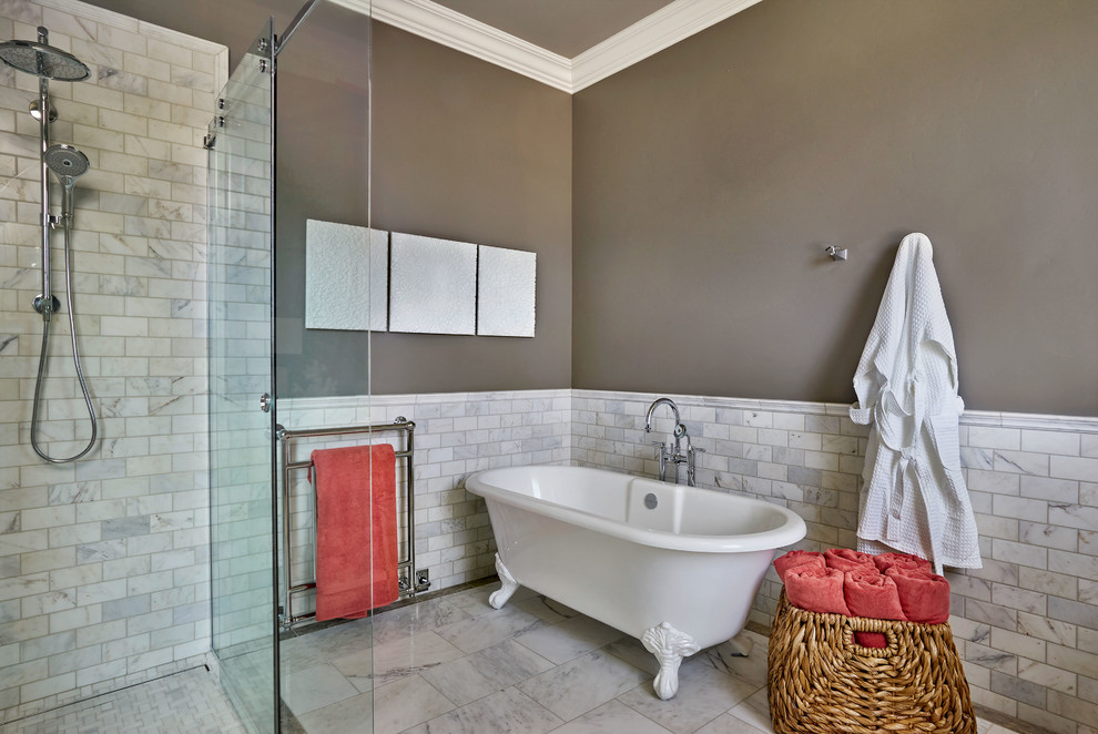 Mid-sized elegant master gray tile and stone tile marble floor corner shower photo in Portland with gray walls