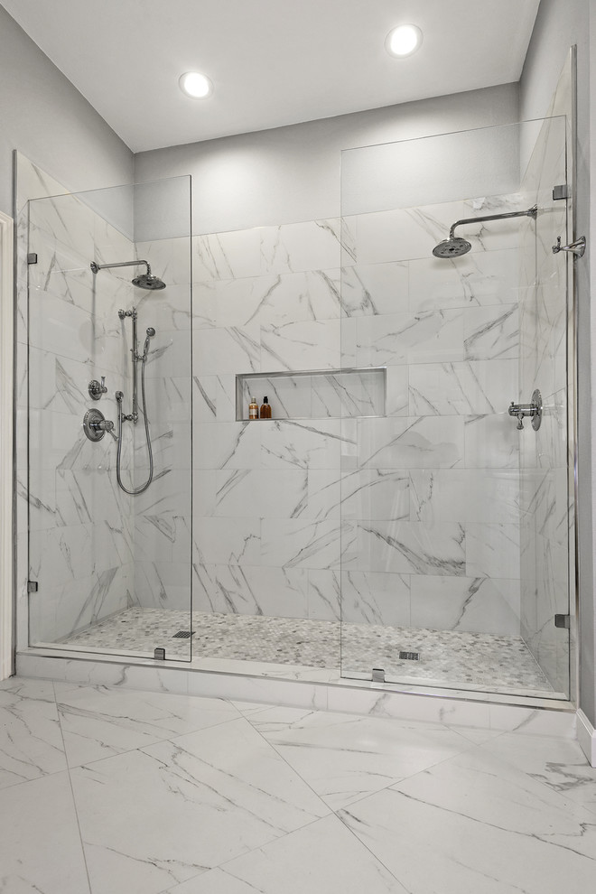 This is an example of a large classic ensuite bathroom in Dallas with beaded cabinets, white cabinets, a double shower, white tiles, porcelain tiles, grey walls, porcelain flooring, a submerged sink, granite worktops, white floors and an open shower.