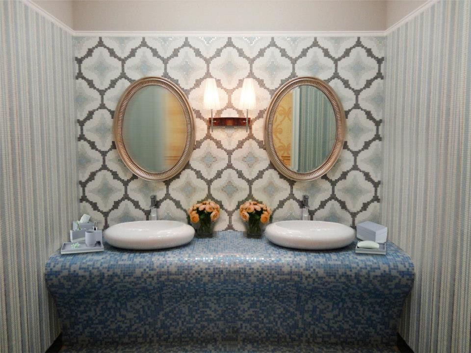 Inspiration for a medium sized modern ensuite bathroom in Toronto with black and white tiles, blue tiles, multi-coloured tiles, mosaic tiles, grey walls, ceramic flooring, a vessel sink and tiled worktops.
