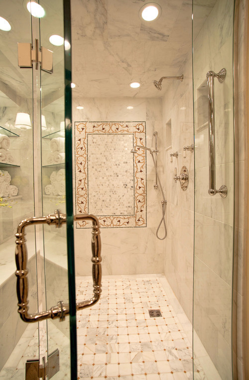 Example of a huge transitional white tile and stone tile walk-in shower design in Providence