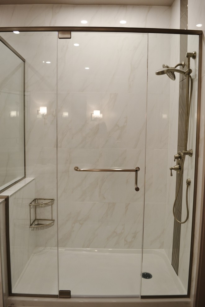 Marble Wall Master Bathroom Redesign Before & After Modern