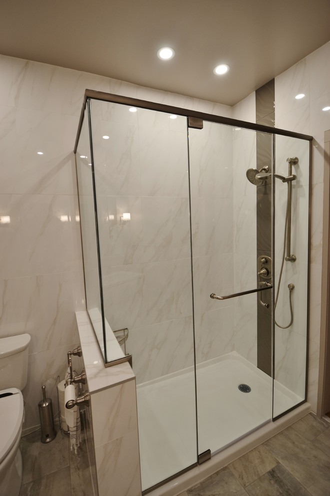 Marble Wall Master Bathroom Redesign Before & After Modern