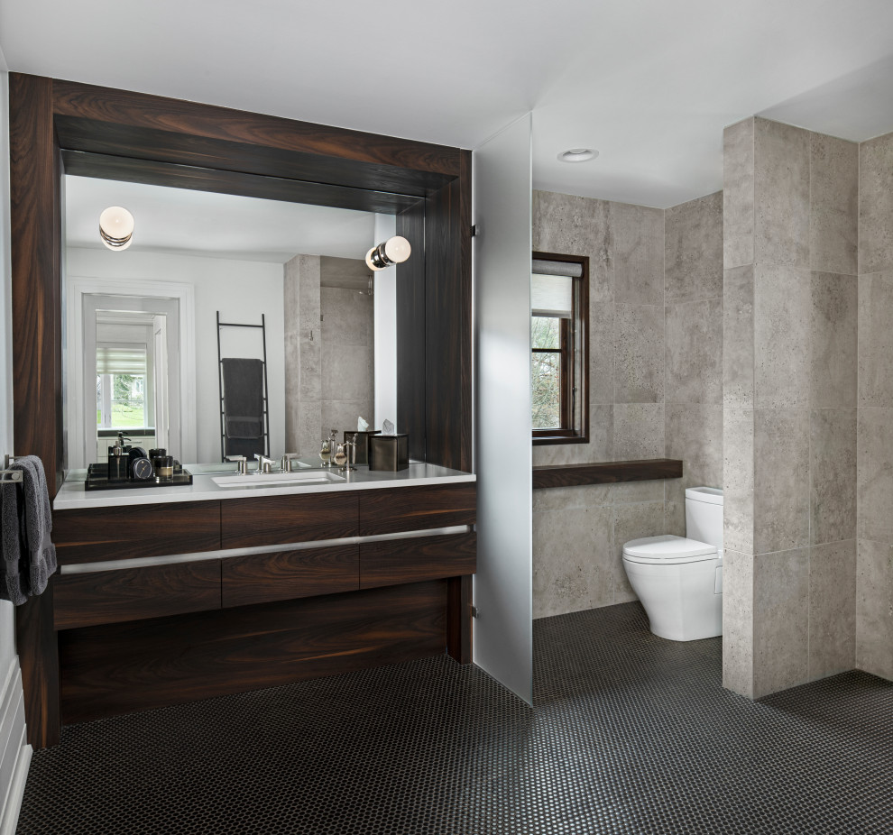 Example of a large 1950s master porcelain tile and gray tile porcelain tile, brown floor, single-sink and tray ceiling bathroom design in Detroit with medium tone wood cabinets, a two-piece toilet, white walls, quartz countertops, a hinged shower door, white countertops and a built-in vanity