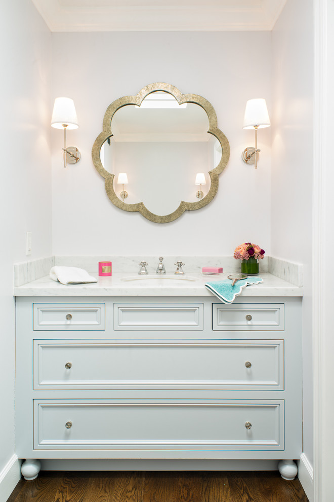 Example of a transitional kids' bathroom design in San Francisco with an undermount sink, recessed-panel cabinets and white cabinets